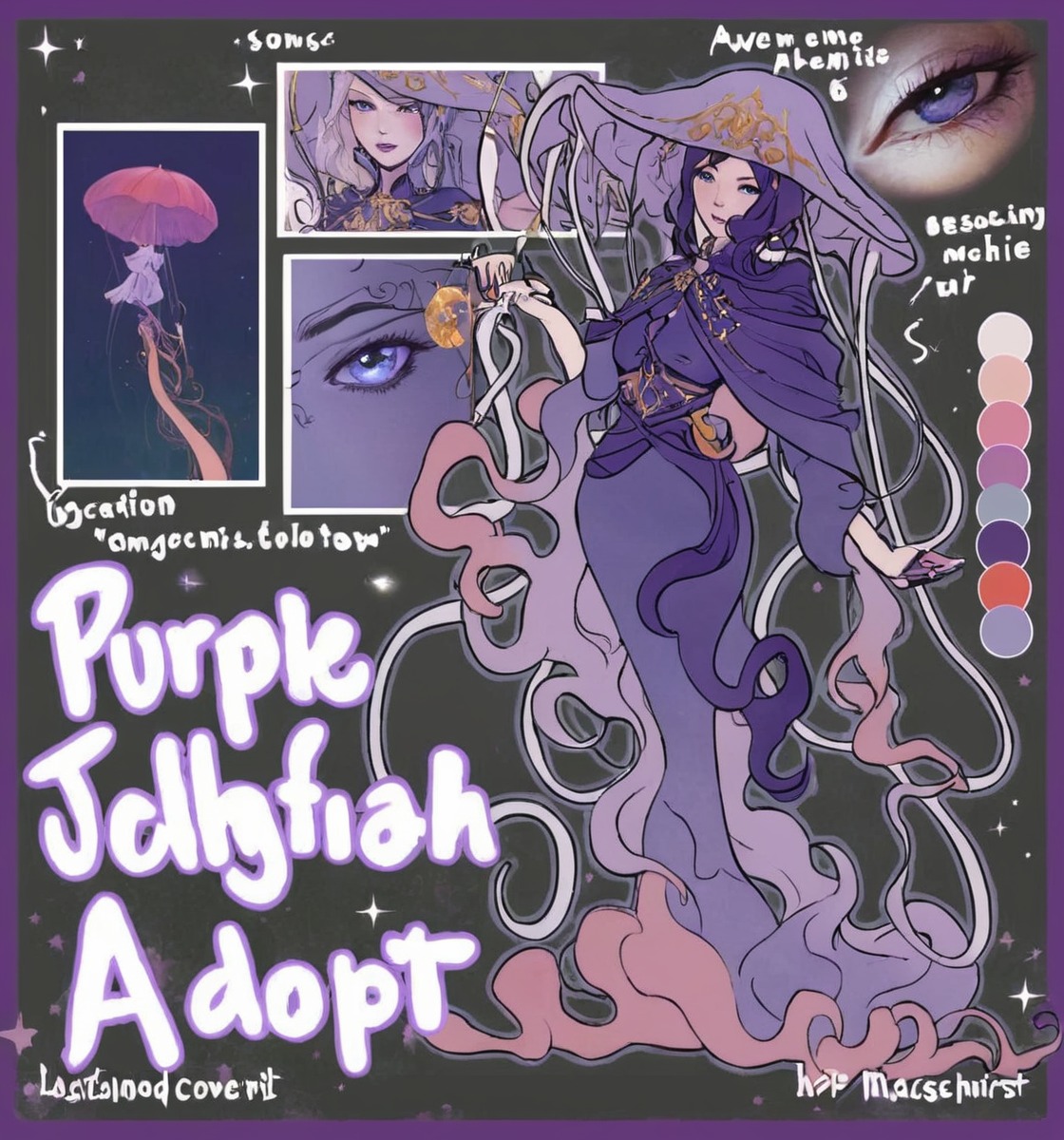 characterdesign, adoptable, adoptablesopen, fantasycharacter, referencesheet, characterconcept, humanoid, adoptables, character, colorpalette, design, dnd, dungeonsanddragons, eyes, fantasy, jellyfish, mage, monstergirl, original, pink, purple, refsheet, silver, tentacles, ttrpg, witch, jellyfishgirl, afoptables, hunnibunni