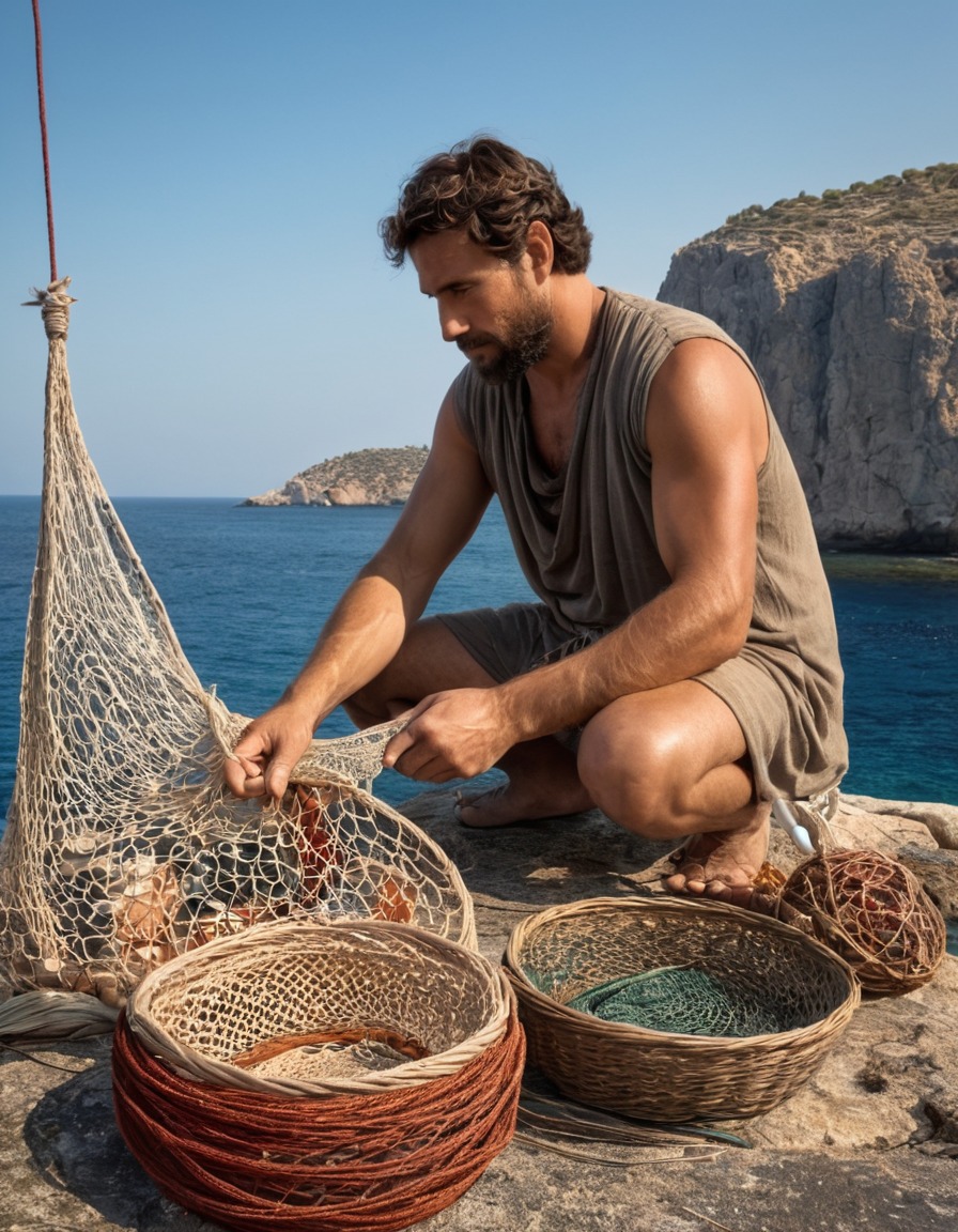 ancient greek culture, fisherman, net mending, seaside, ancient greece, 300 bc, daily life