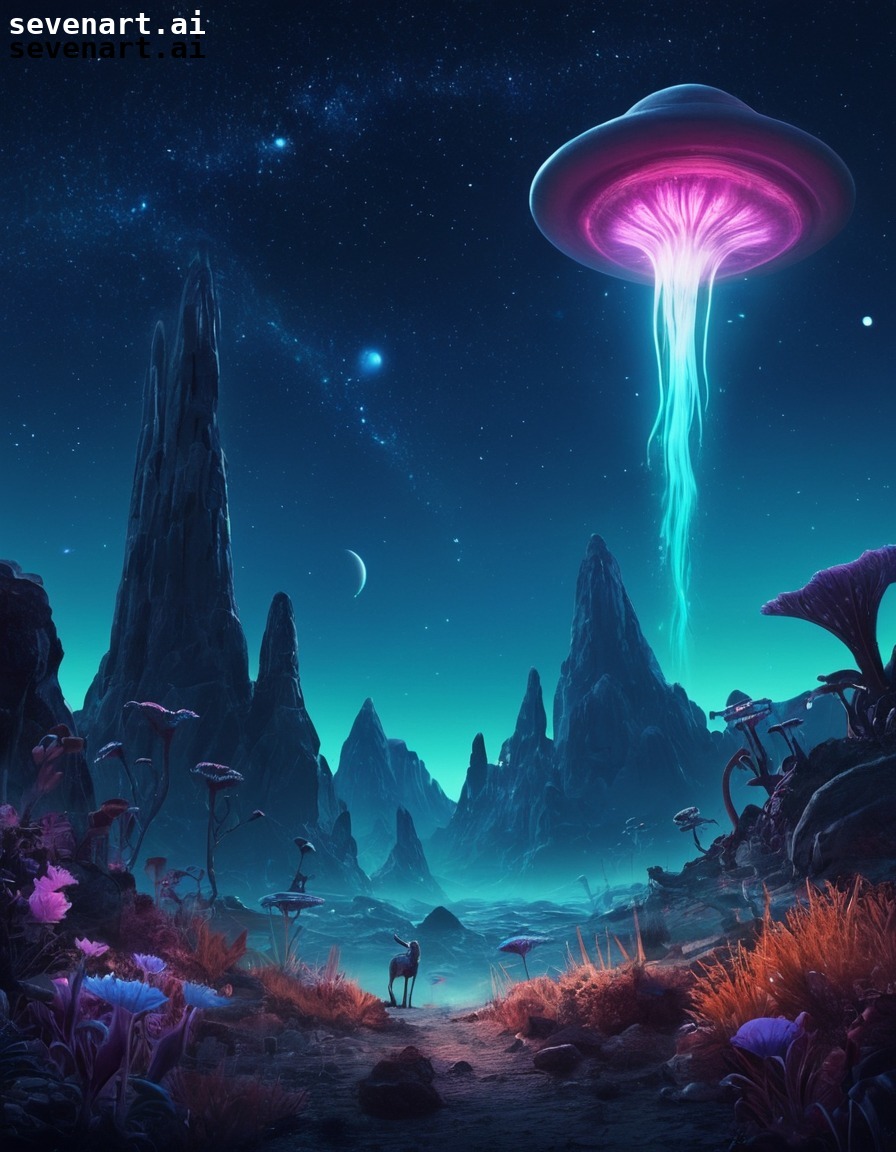 alien world, glowing flora, glowing fauna, starry sky, fantasy landscape, space, stars