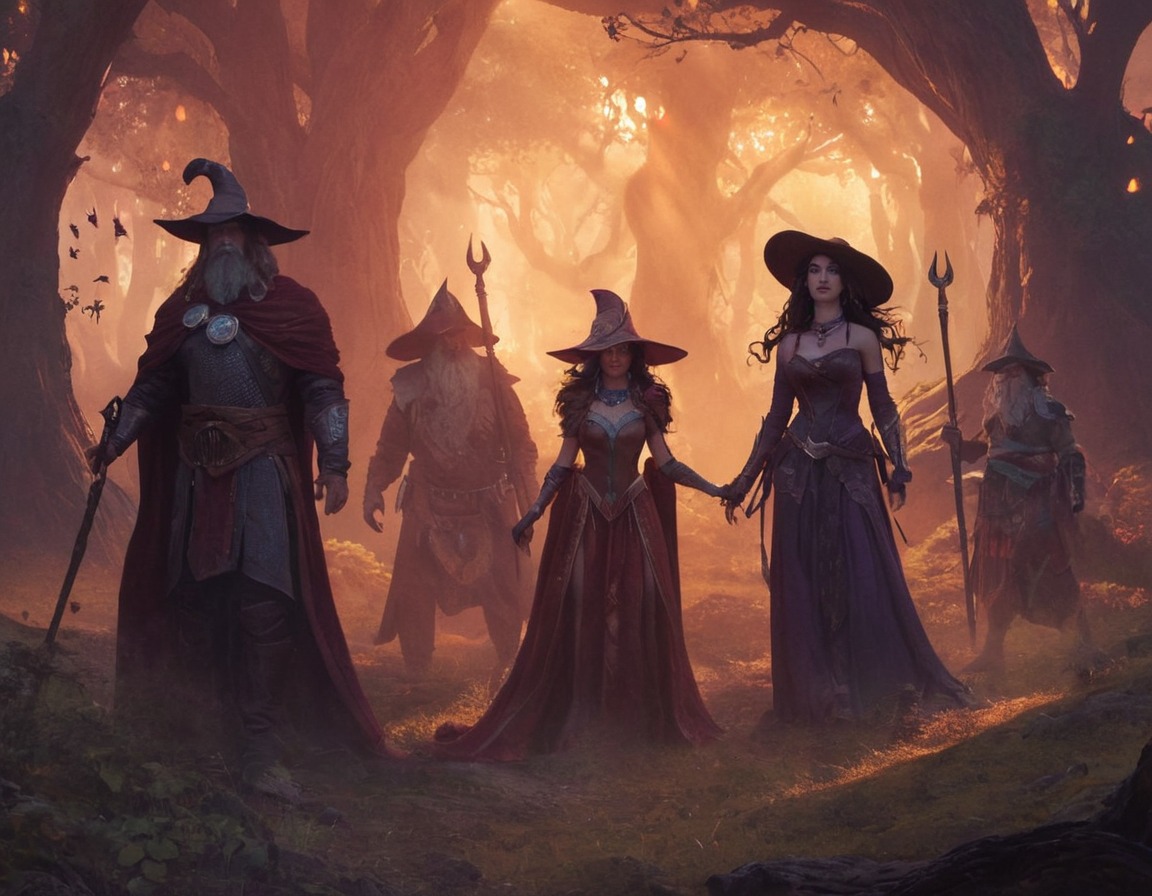 magic, fantasyart, rpg, witch, sorceress, mage, dreamup, forest, coven, witches, aiart, dailychallenge, ai_art