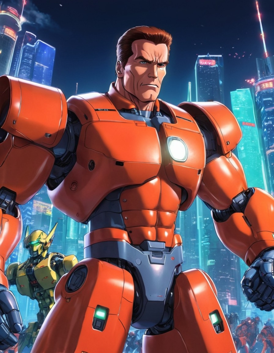 arnold schwarzenegger, futuristic, anime, hero, giant robots, politics