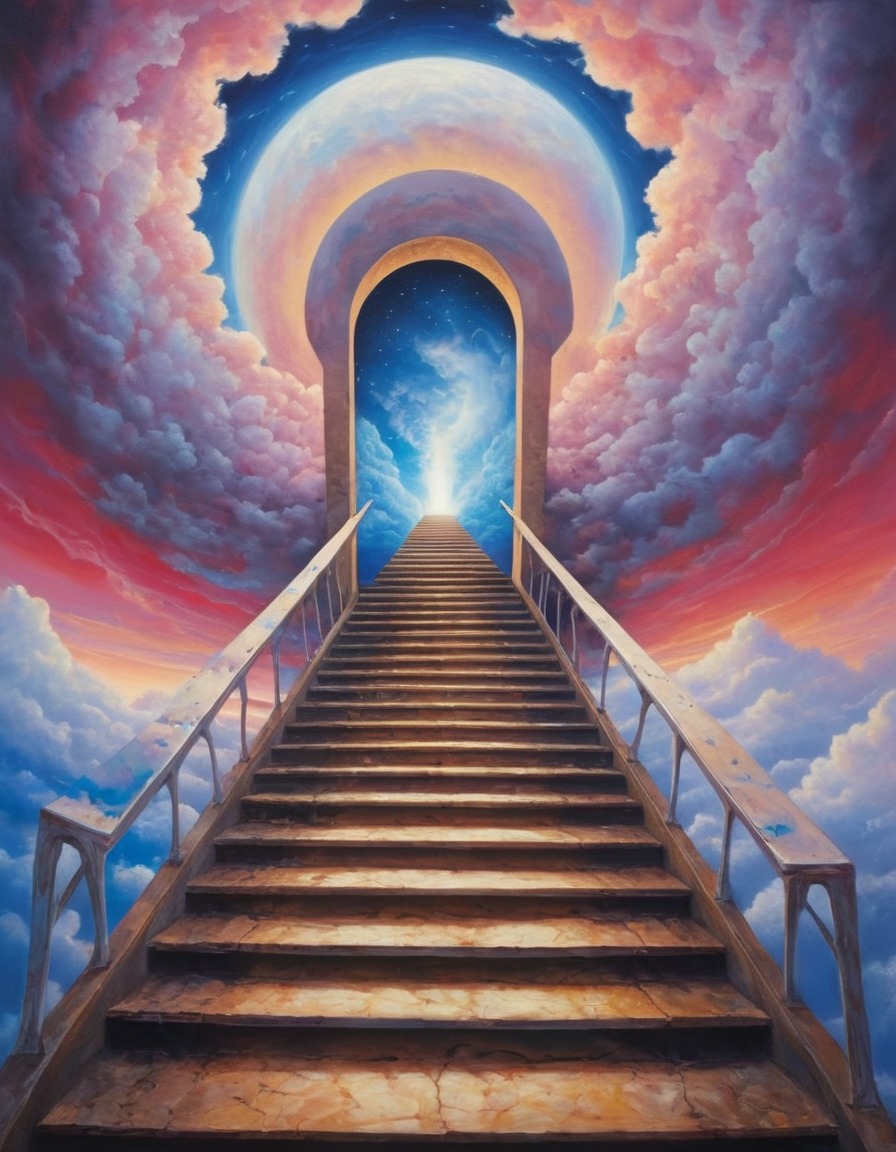 staircase, doorway, sky, surrealism, surreal