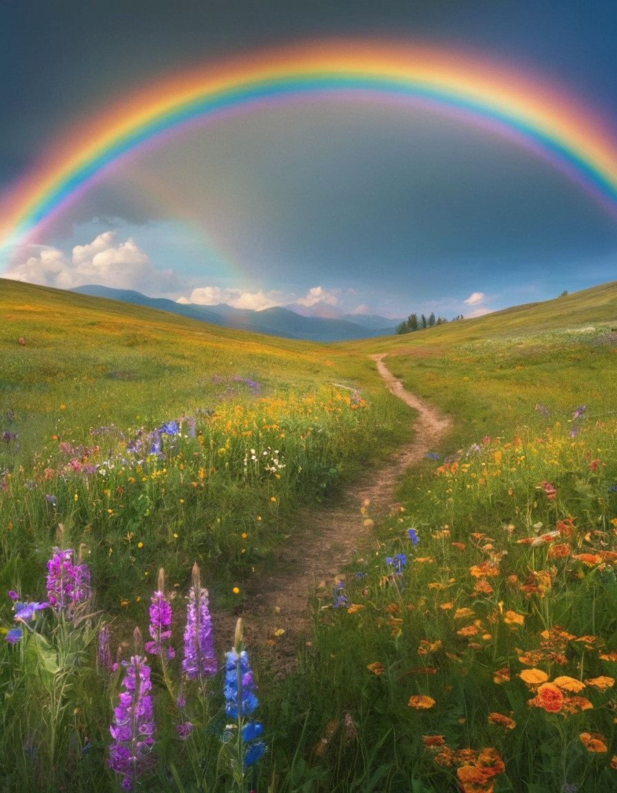 nature, rainbow, meadow, wildflowers, serenity