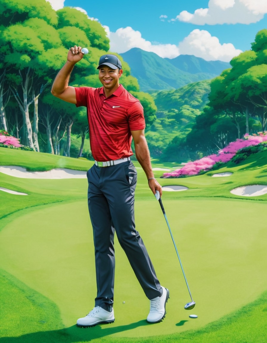 anime, tiger woods, golf, sports, lush scenery