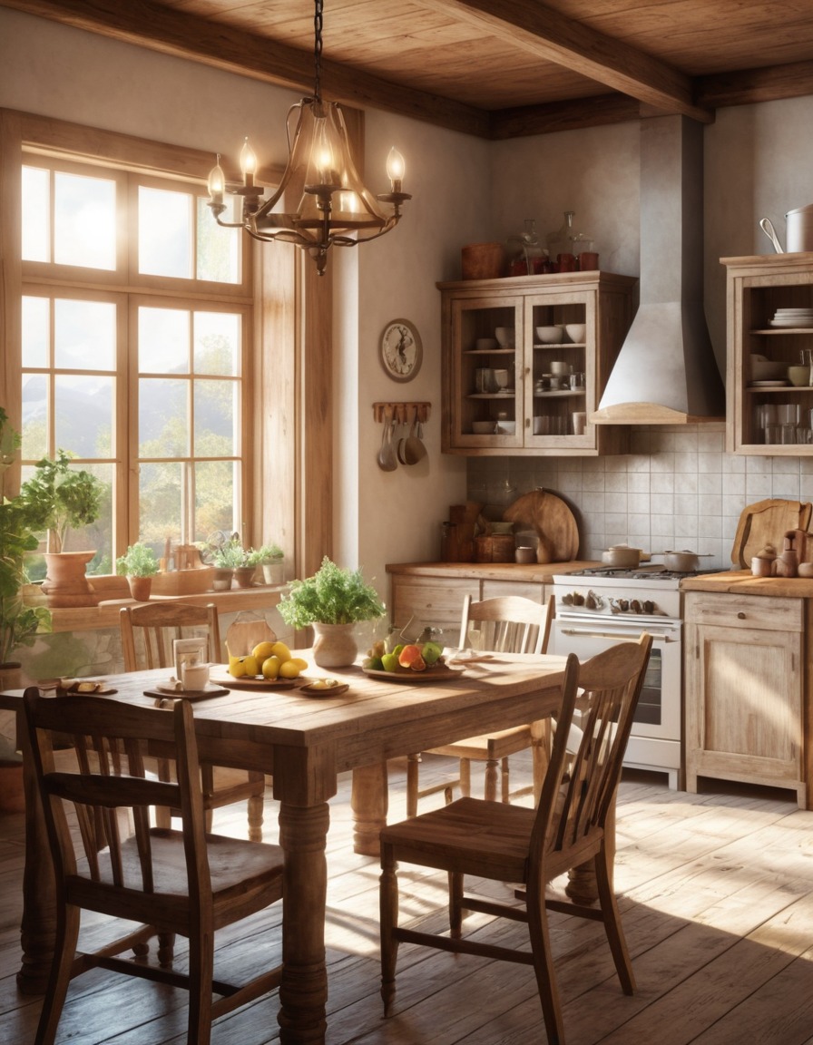 rustic, sunlit, kitchen, cozy, dining table, home, interior