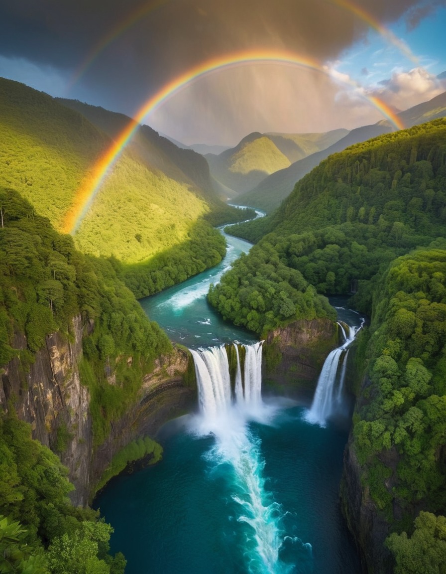 nature, river, rainbow, valley, landscape, beauty, scenery