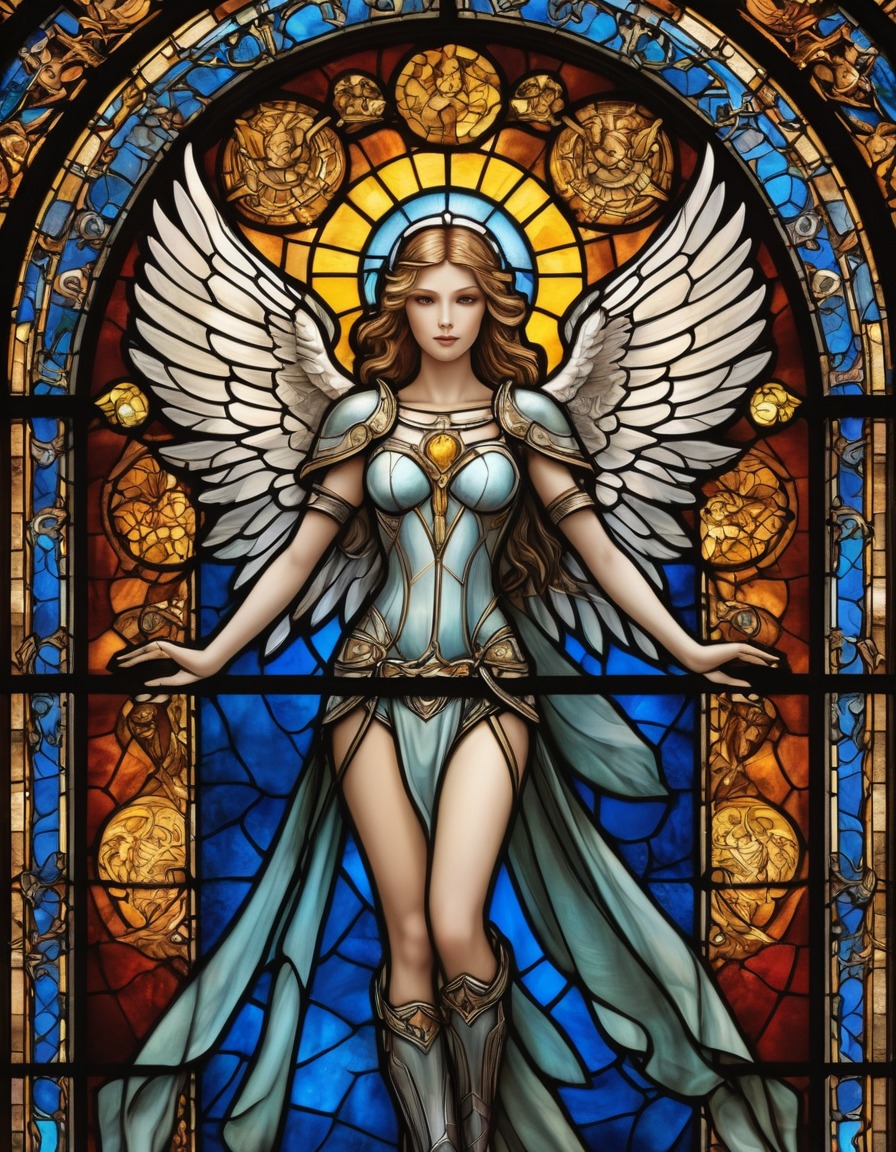 cybernetic angel, stained glass window, medieval style, futuristic art, medieval, art