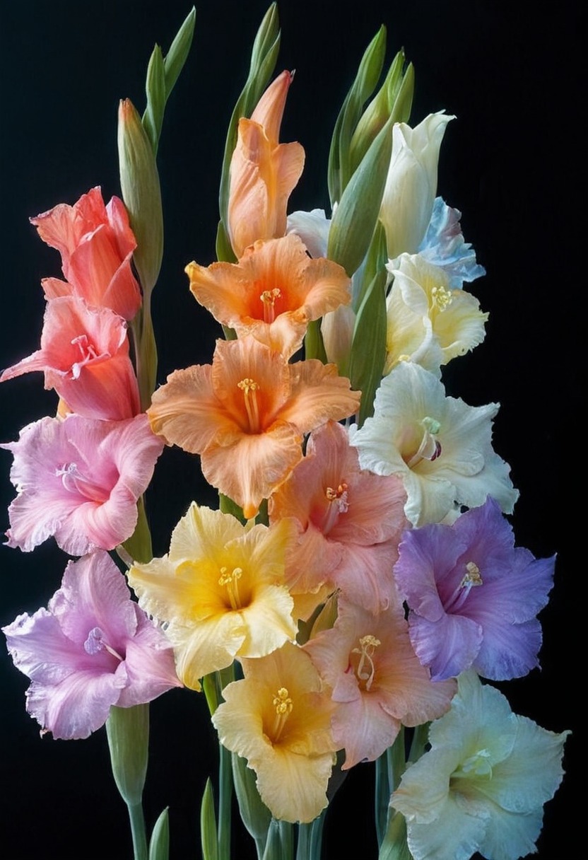 gladiolus, flowers, digital art, colorful, black background