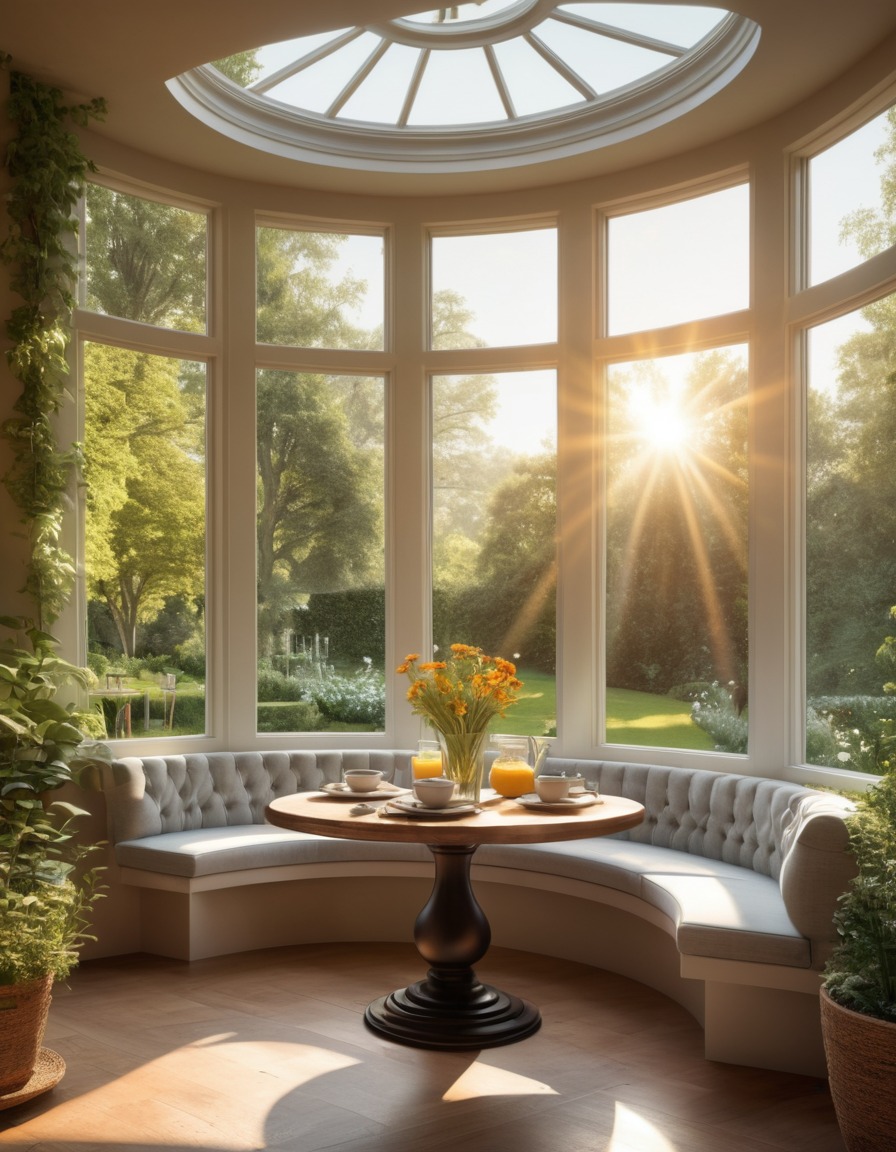 home, interior design, breakfast nook, sunlit, garden view, interior