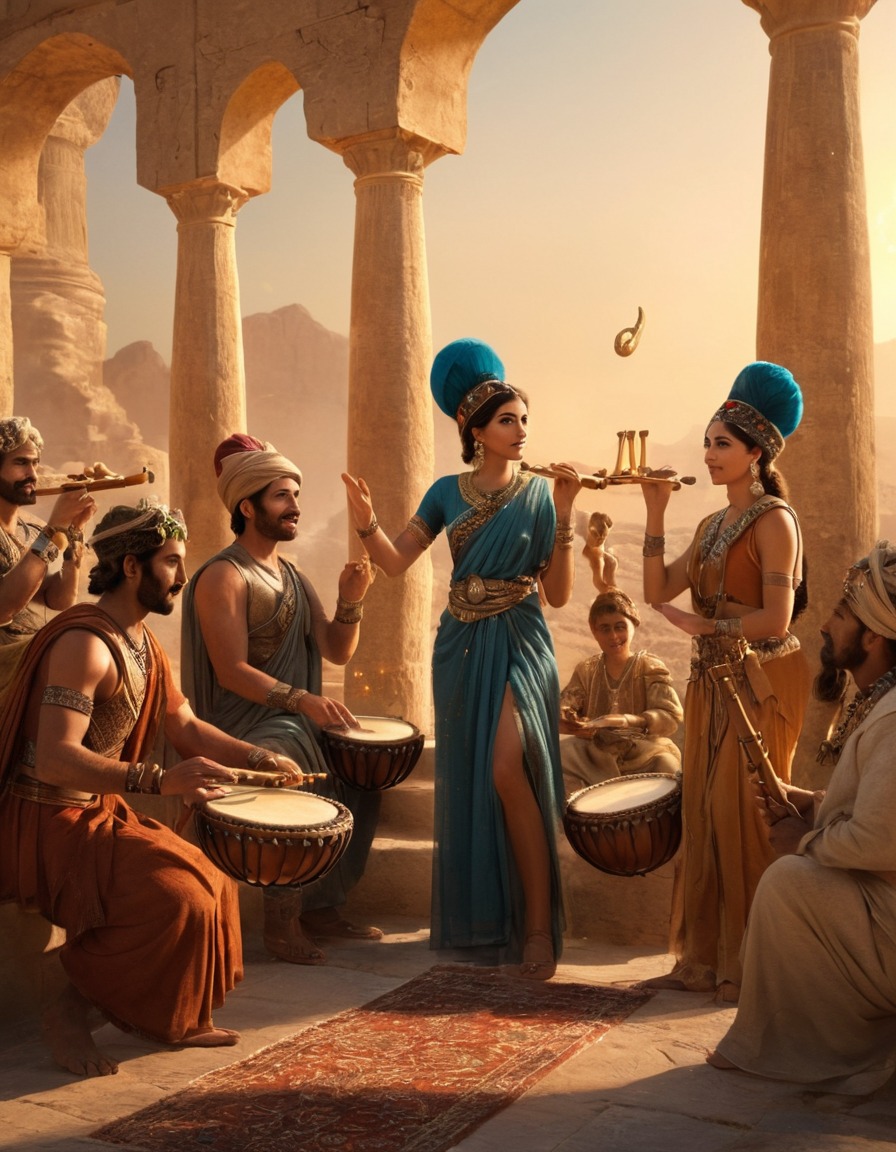 ancient persia, musicians, tambourines, flutes, feast, music, ancient history