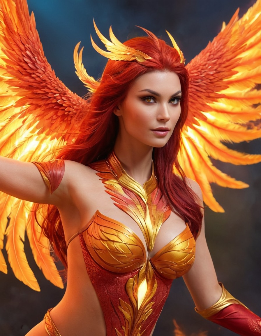 phoenix, birdwoman, rebirth, passion, vibrant plumage, mythical creature, symbolism