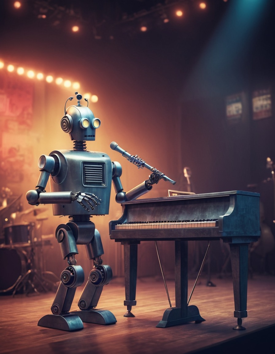 retro, robot, jazz, music, stage, robots