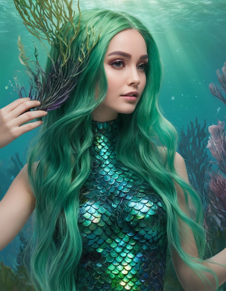 mermaid, iridescent scales, combing hair, underwater, fantasy