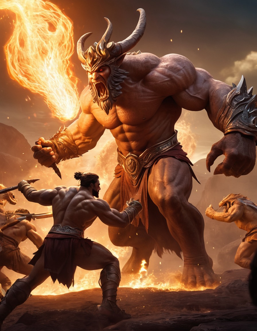 hephaestus, greek mythology, fight scene, mythical creatures, gods, warrior, adventure