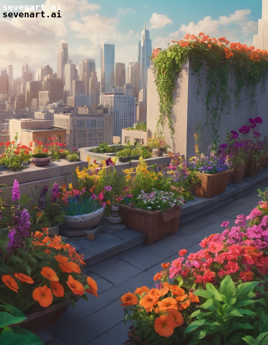 cityscape, rooftop garden, flowers, greenery, urban oasis, modern city, city