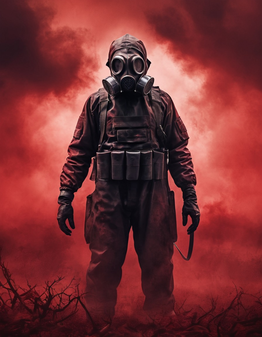 mysterious, gas mask, figure, red sky, mad max