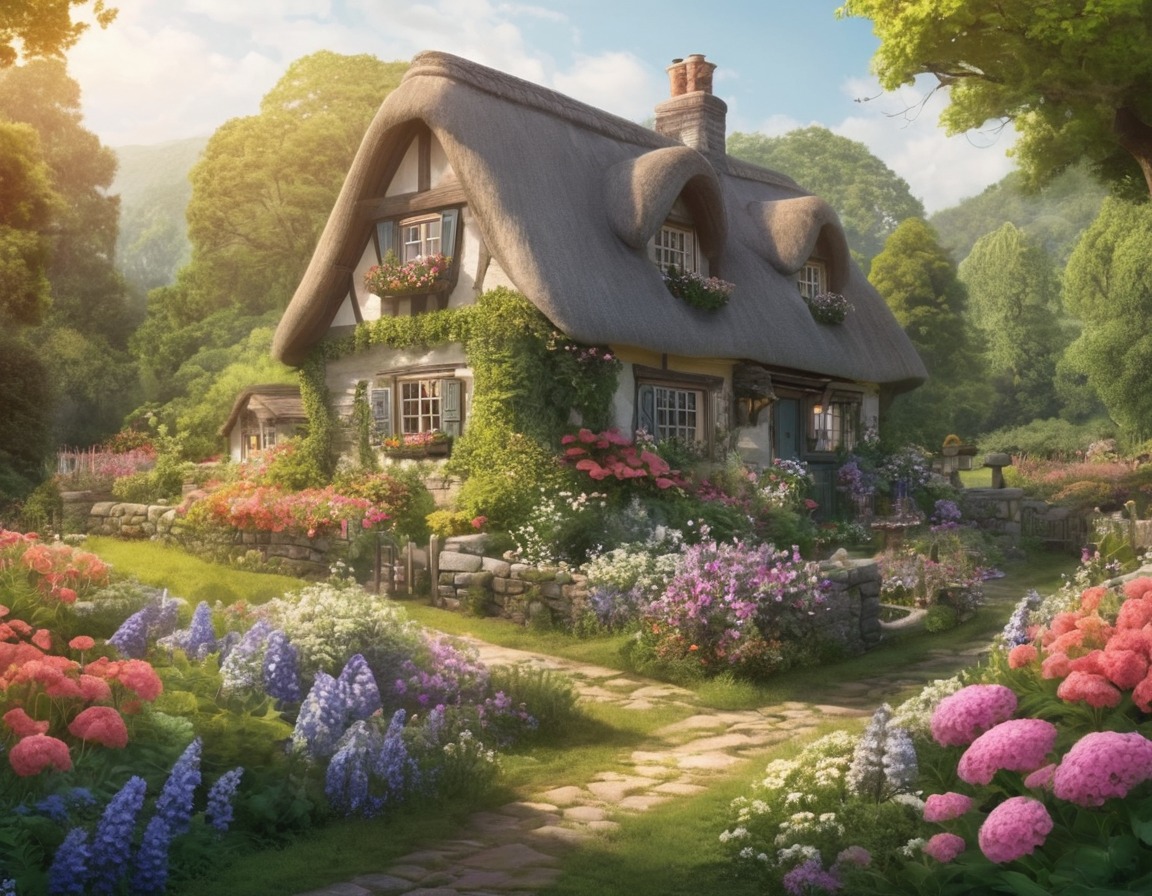 cottage, flowers, lush greenery, cozy, tranquil, house, home