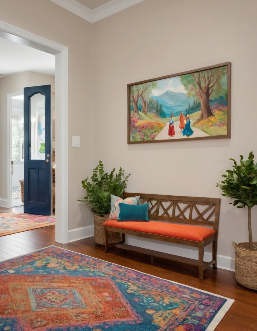 home decor, entryway, colorful rug, family photos, bench, home, interior