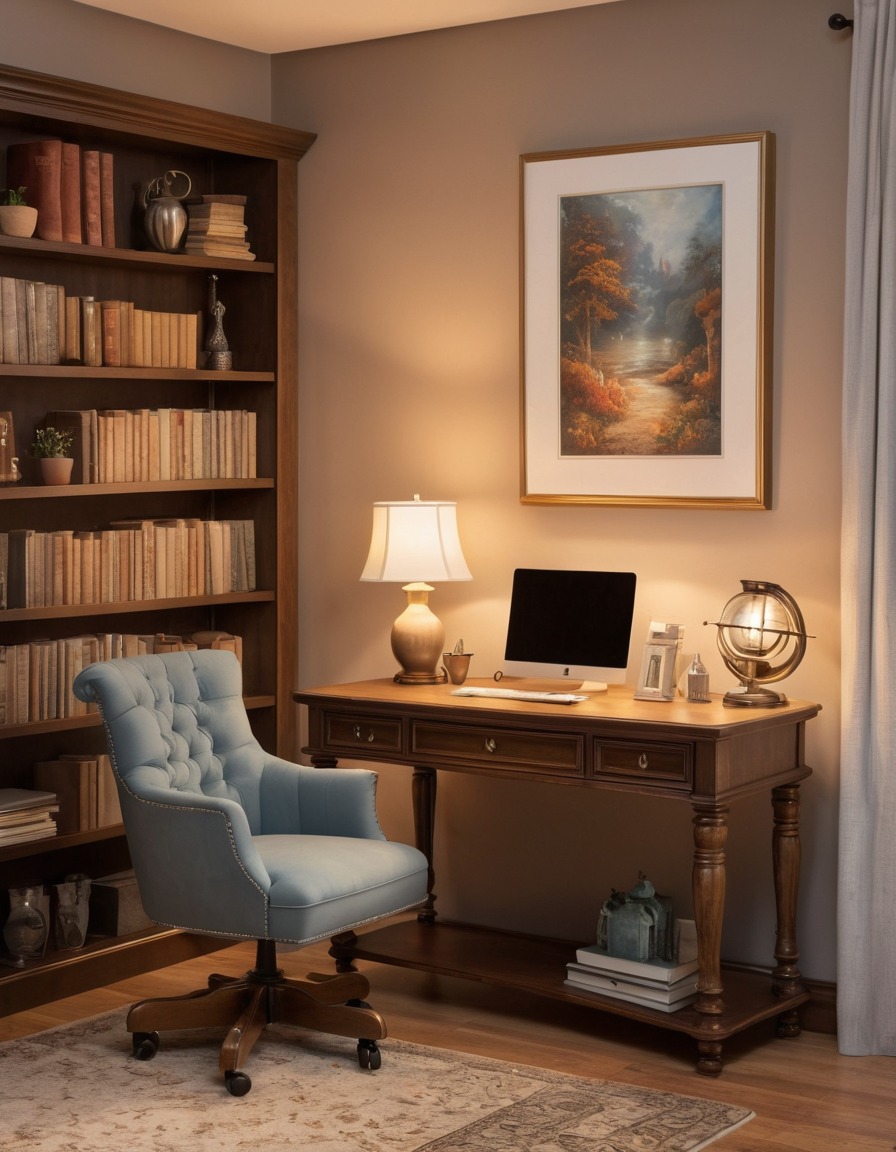 home office, desk, bookshelves, cozy, desk lamp, interior design, home, interior