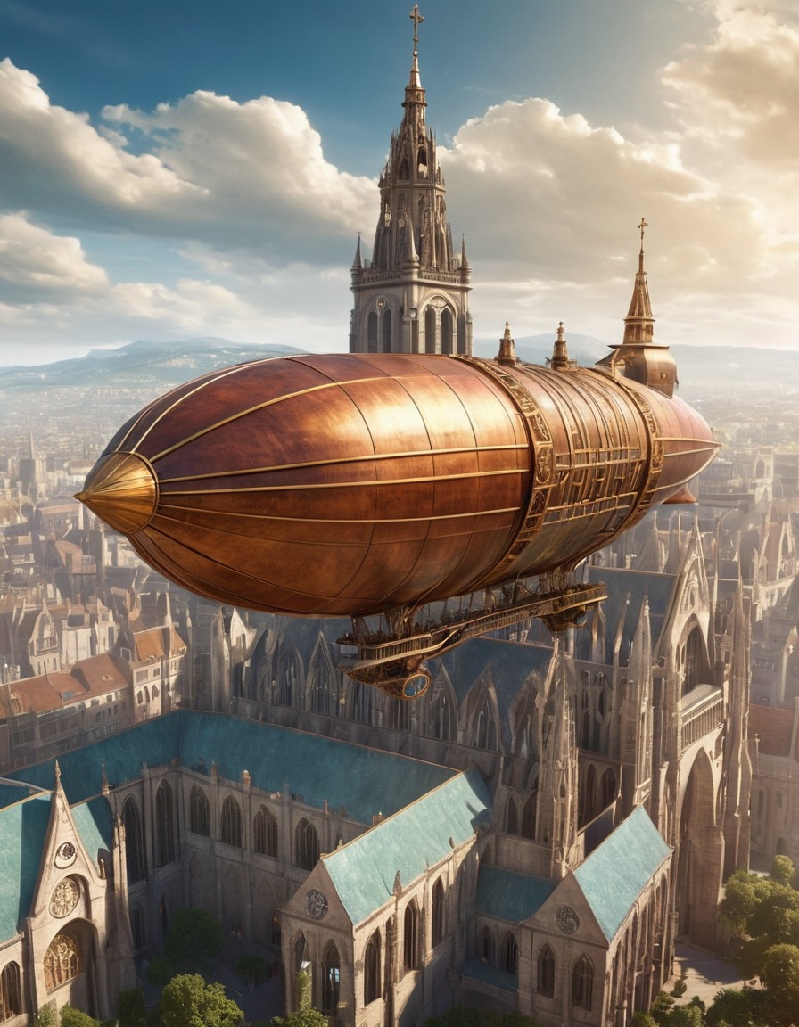 steampunk, airship, futuristic, cathedral, medieval, art