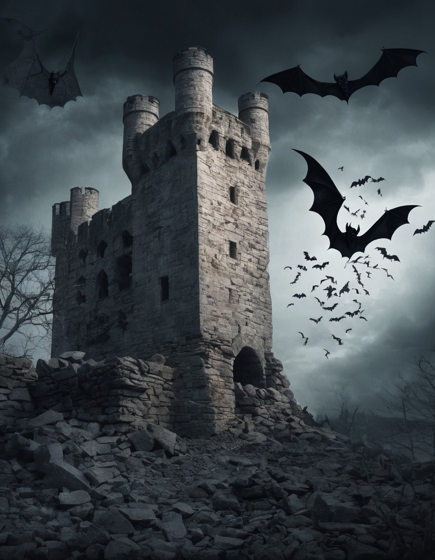 abandoned castle, castle tower, crumbling walls, bats, medieval architecture, gothic, underground, dark