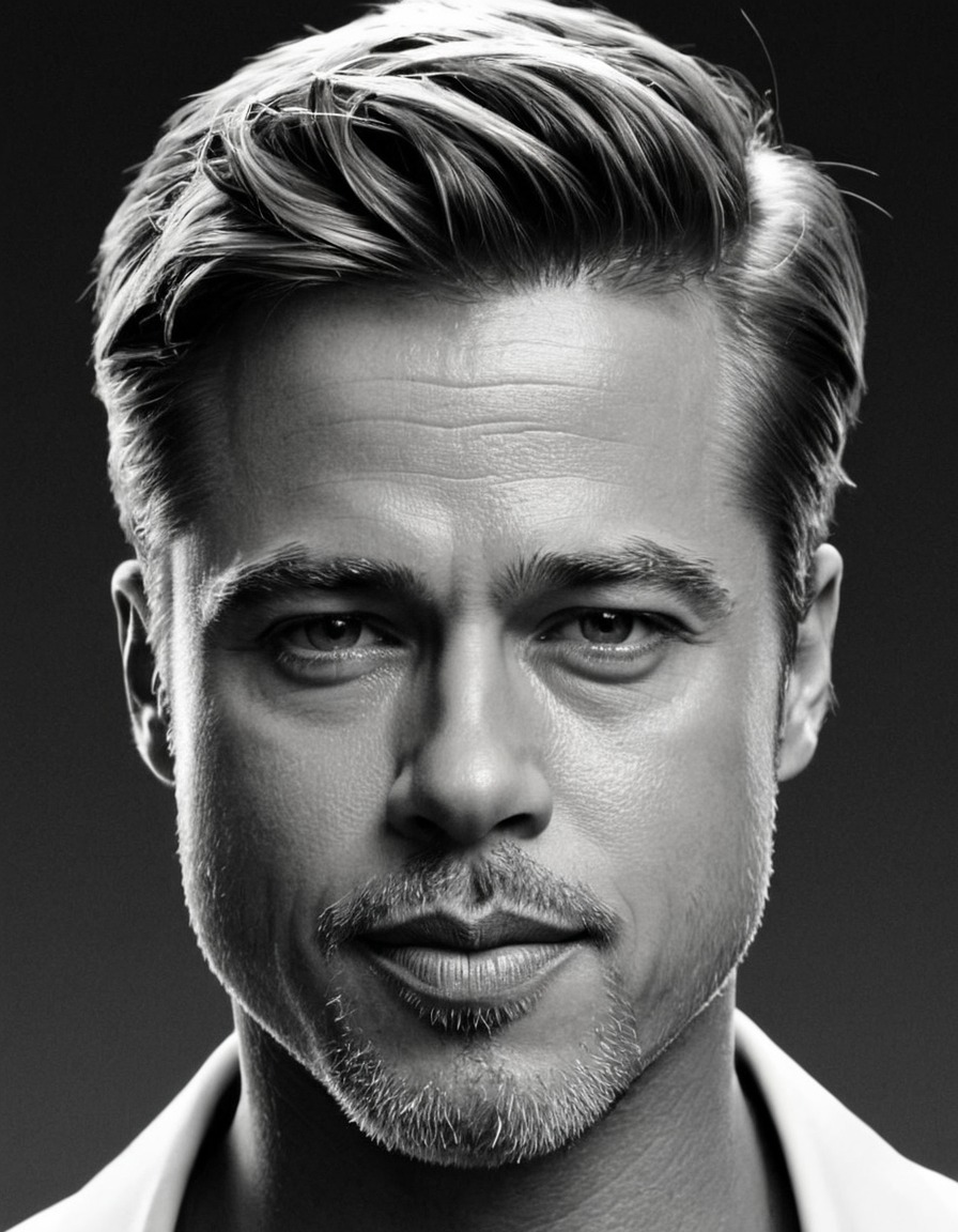 brad pitt, portrait, black and white, iconic features, expressions