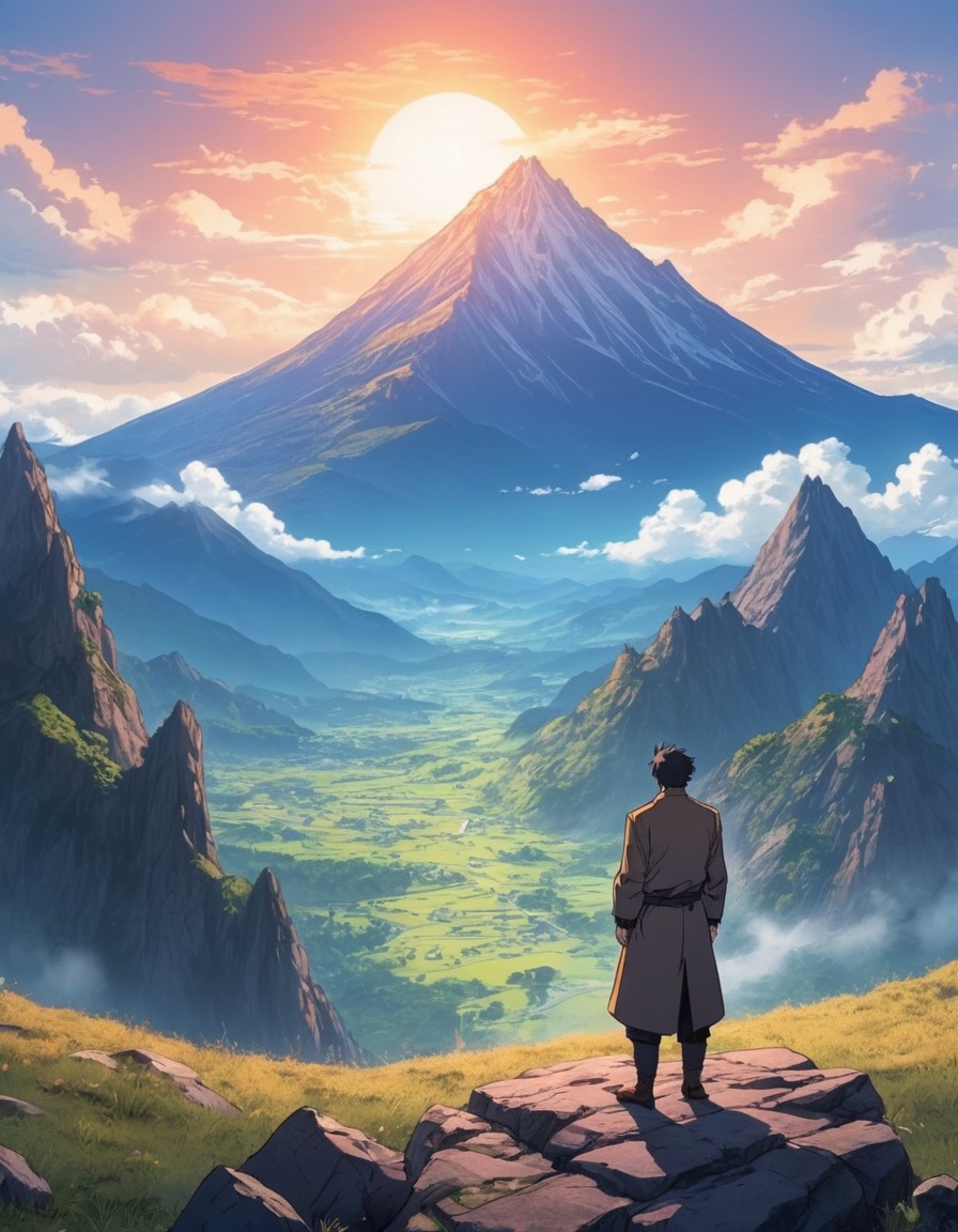 mountain, landscape, figure, summit, friedrich nietzsche, philosophy, inspiration, anime