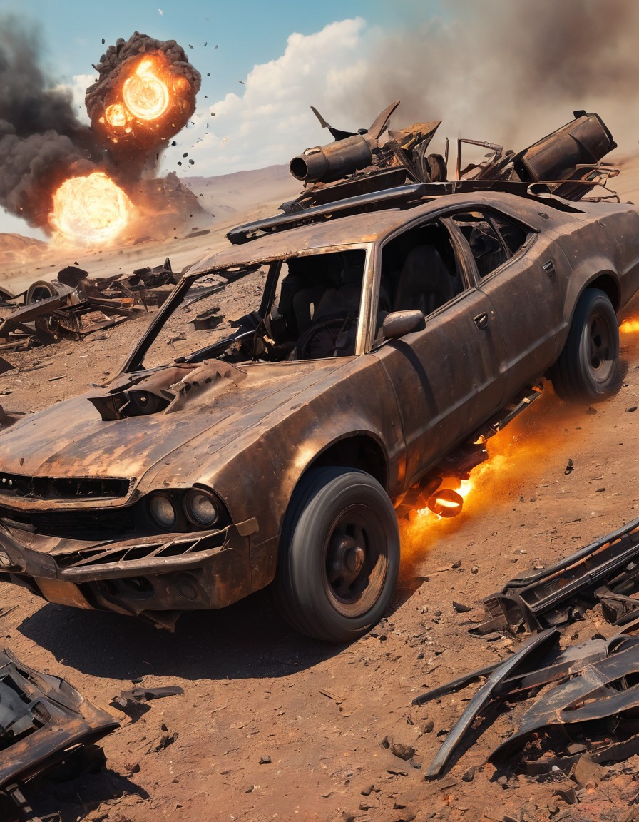 chase, high-speed, wreckage, explosions, debris, mad max