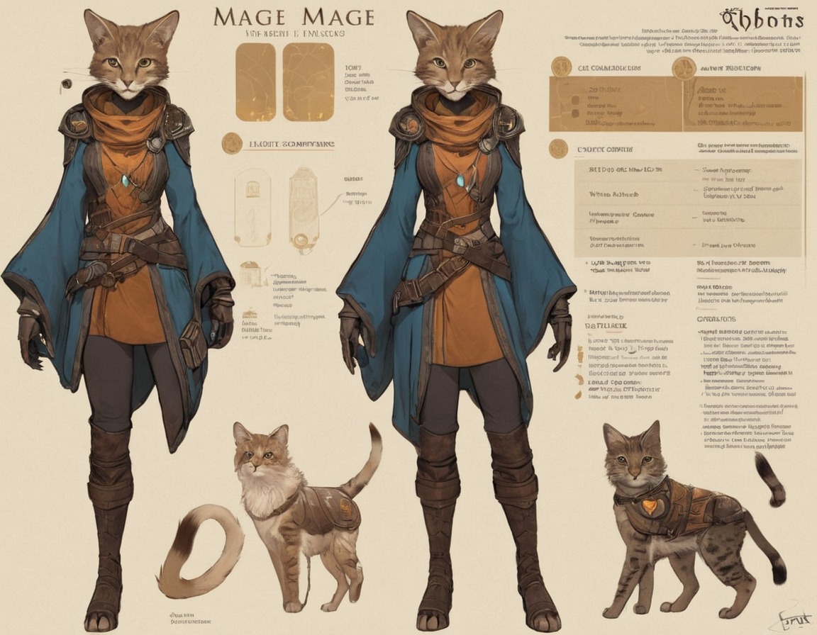 digitalart, characterdesign, adoptable, warrior, magic, dnd, cat, characterconcept, referencesheet, rpg, feline, mage, dreamup, ai_art