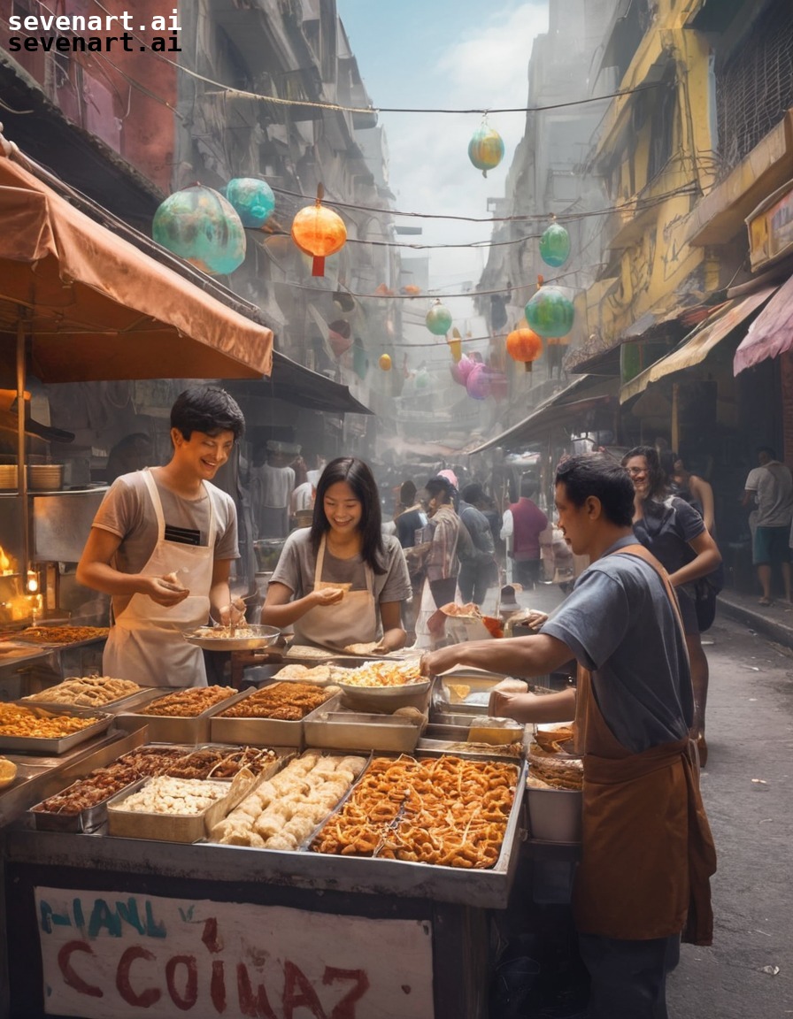 street food, vendor, snacks, customers, food market, modern city, city