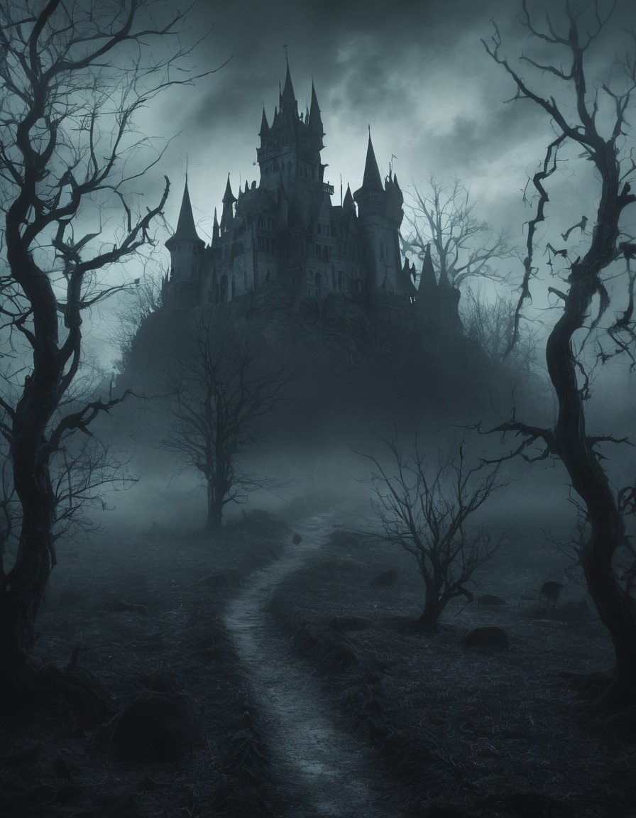 castle, mist, spooky, haunted, trees, gothic, underground, dark