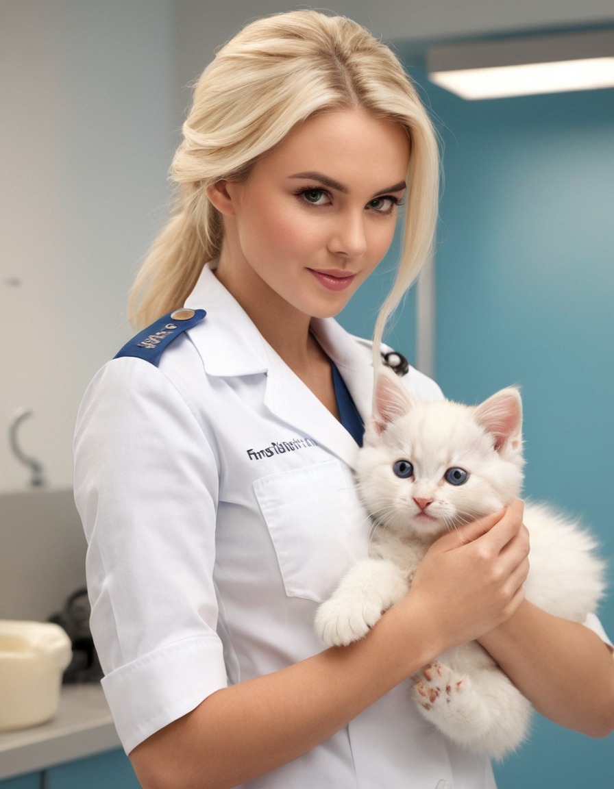 veterinarian, uniform, fluffy white kitten, examination, animal healthcare, pet medicine