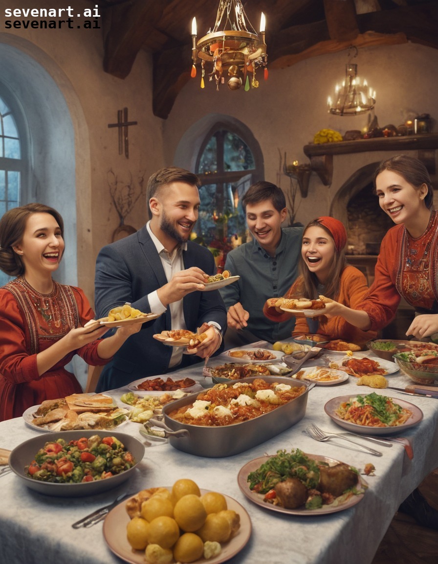 ukrainian culture, family gathering, festive meal, traditional dishes, joyous celebration, ukraine, ukrainians