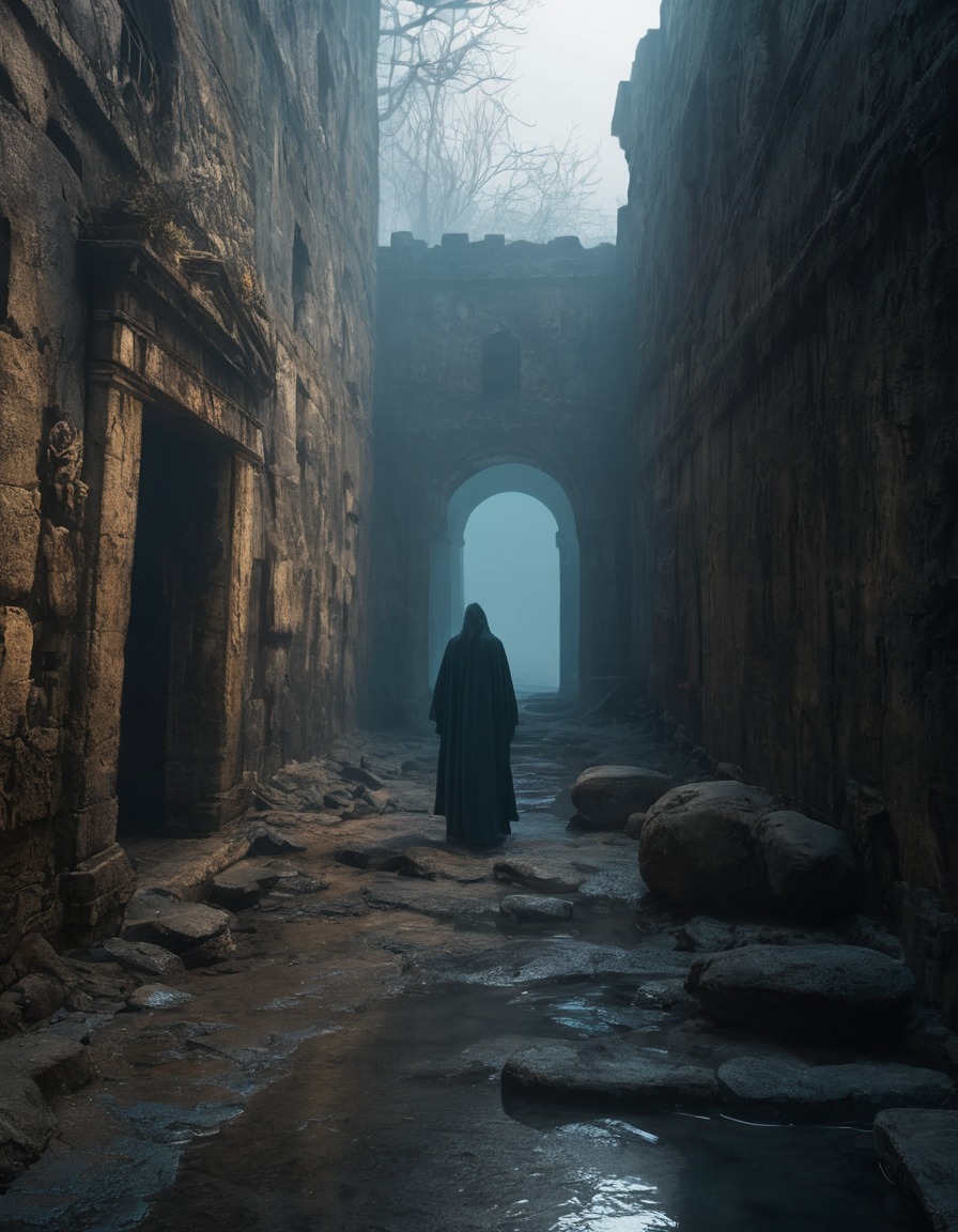 dark, mysterious, shadow, figure, fog, ancient city, lovecraft, howard lovecraft