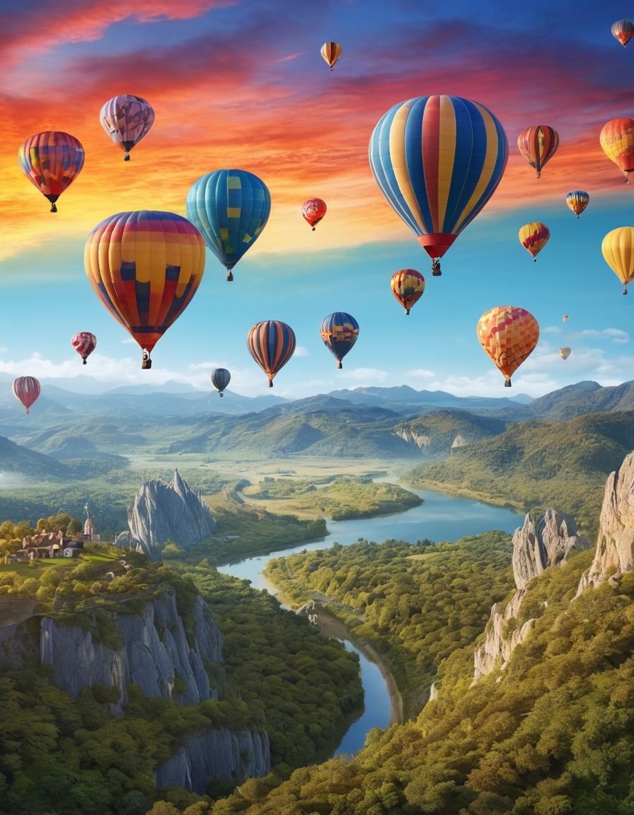 hot air balloons, landscape, picturesque, colorful