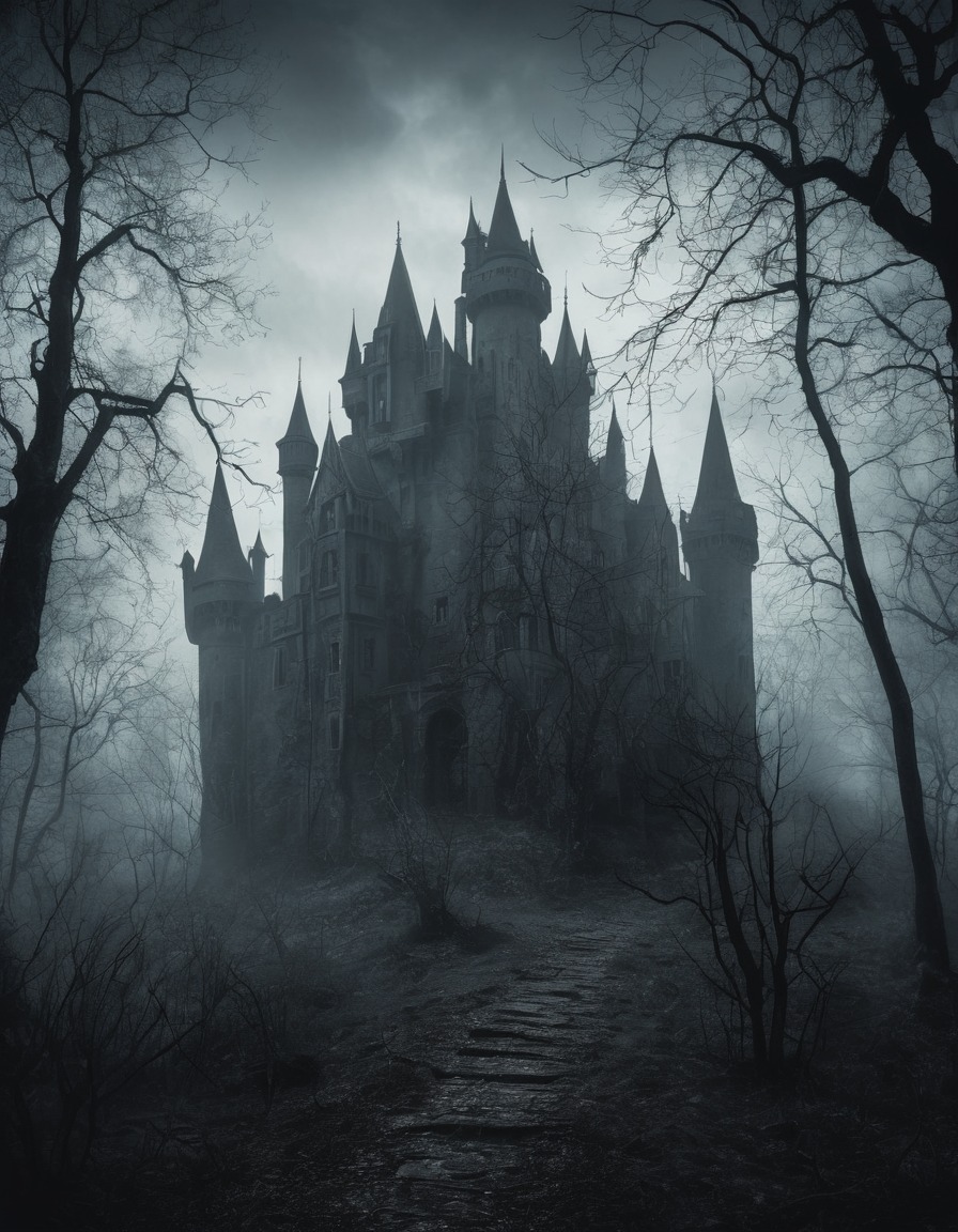 haunted, castle, fog, trees, gothic, underground, dark