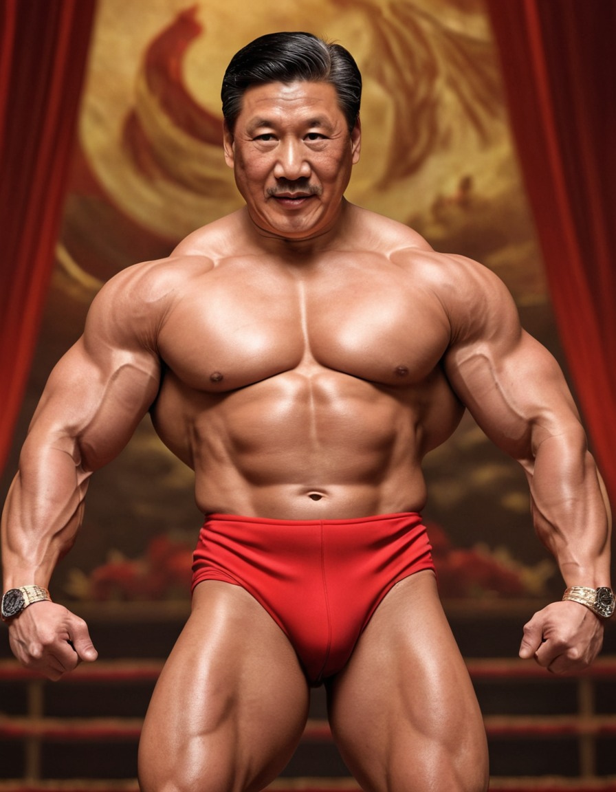 xi jinping, bodybuilder, muscular, stage, confident