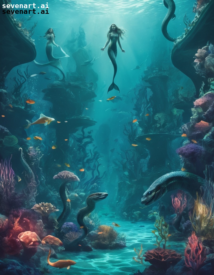 fantasy, underwater, mermaids, sea serpents, mythical