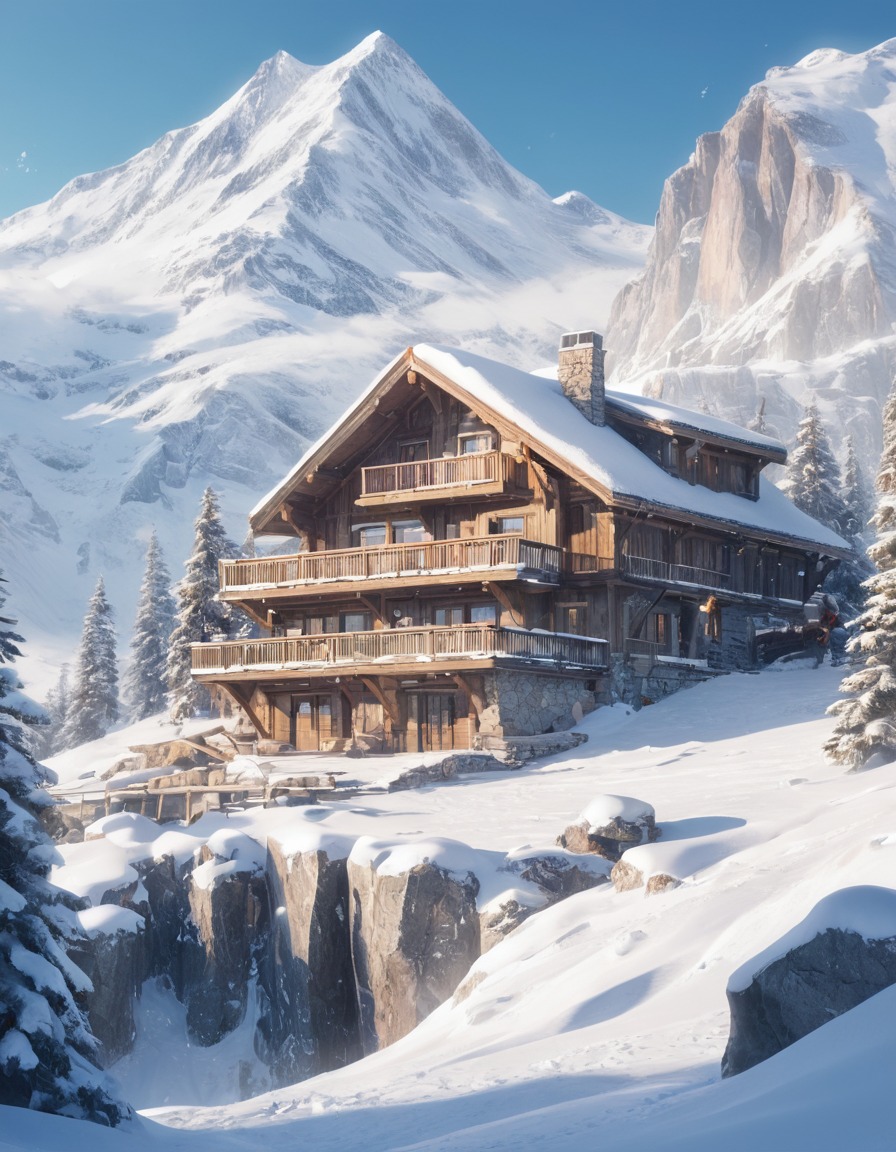 mountain lodge, snowy landscape, alpine, majestic, nature