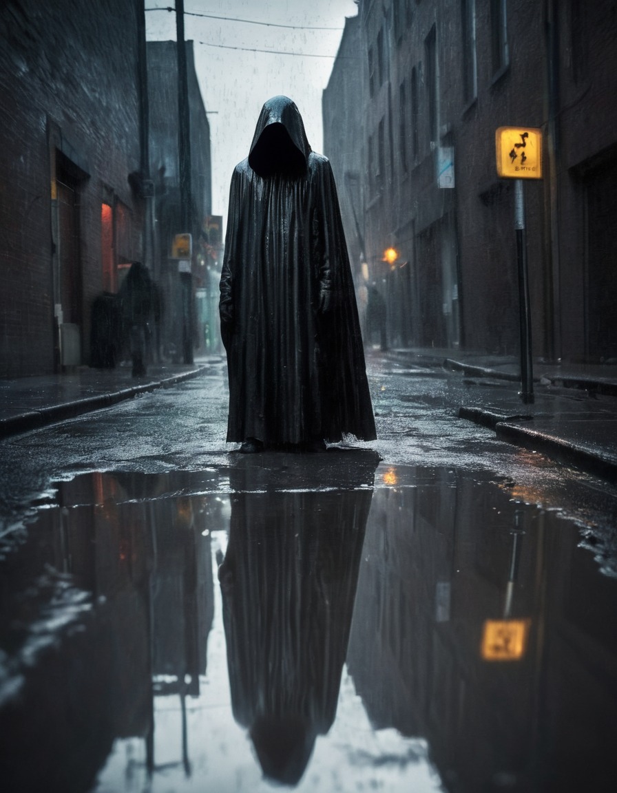 mystery, specter, reflection, cloaked figure, street puddle, eerie, atmospheric, gothic, underground, dark