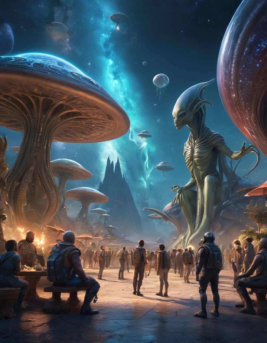 alien, creatures, humans, cosmic, marketplace, interaction, science fiction, extraterrestrial, aliens