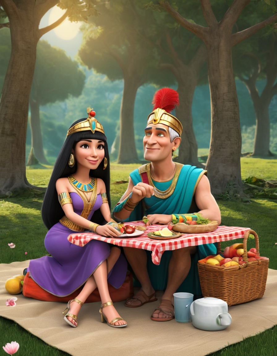 cleopatra, julius caesar, caricature, picnic, humor, funny