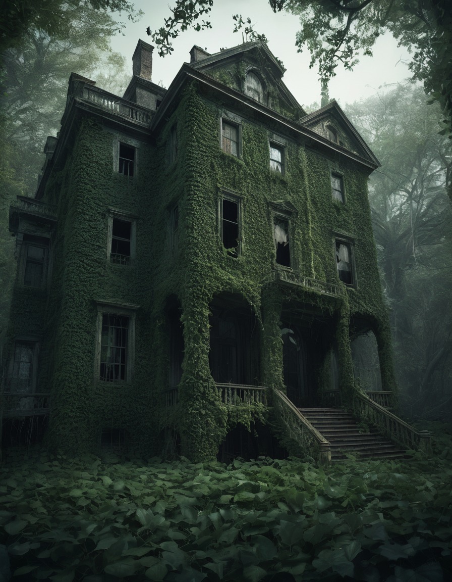 haunted mansion, ivy-covered walls, broken windows, woods, gothic, underground, dark