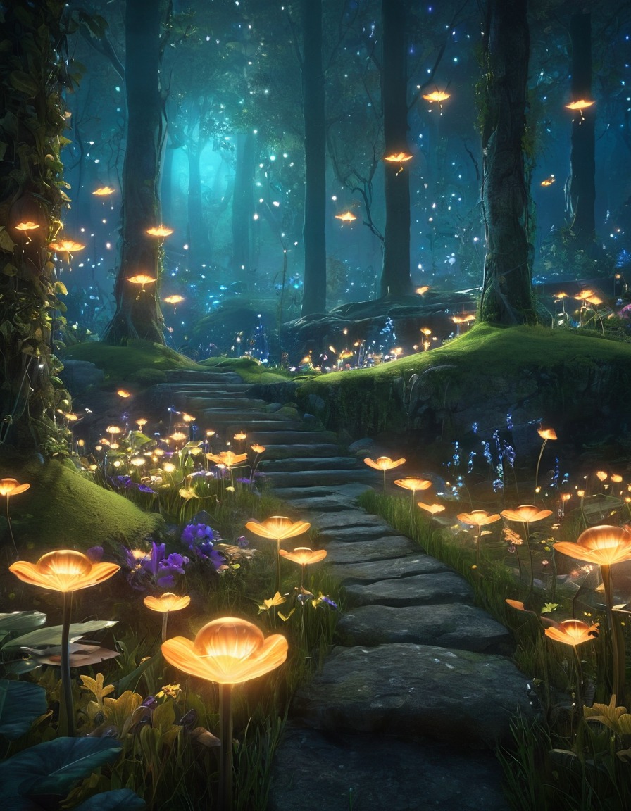 mystical garden, singing fairies, glowing fireflies, fantasy scene, enchanted creatures