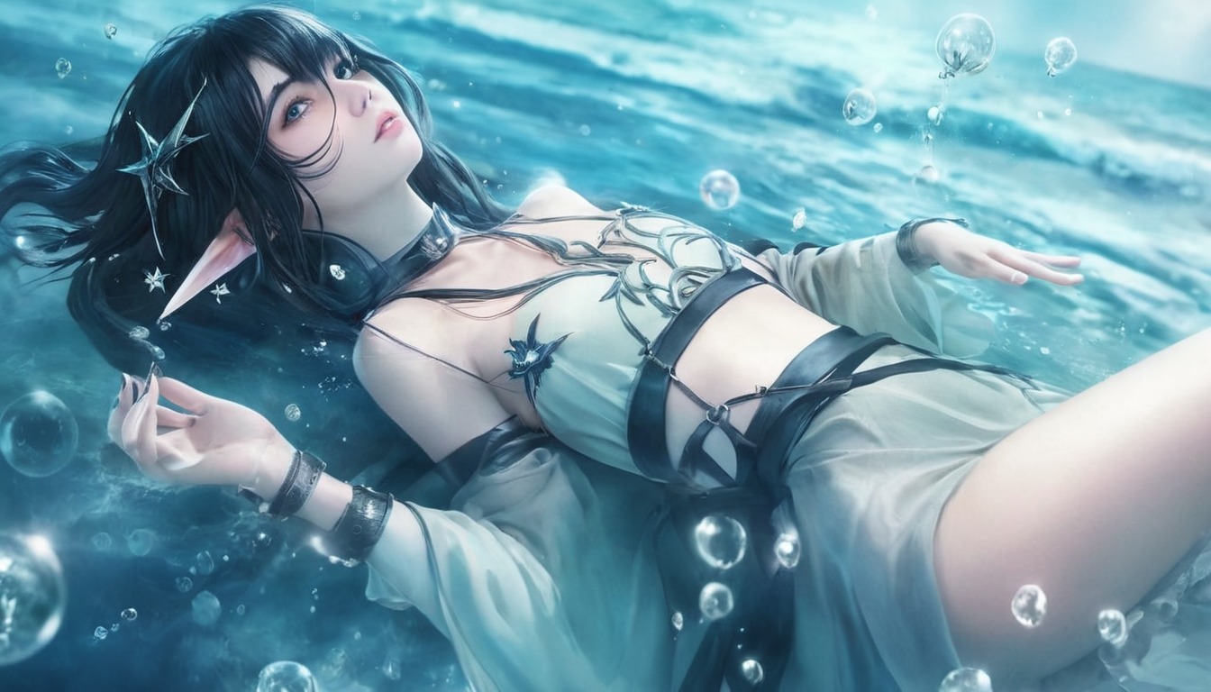 anime, animegirl, originalcharacter, characterdesign, wallpaper, adoptable, animeandmanga, blackhairedgirl, elf, elfgirl, exclusive, fantasy, holidays, manga, ocean, sea, summer, sunny, vacation, water, aigirl, aiart, aiartwork, aiartcommunity, midjourney, synthography