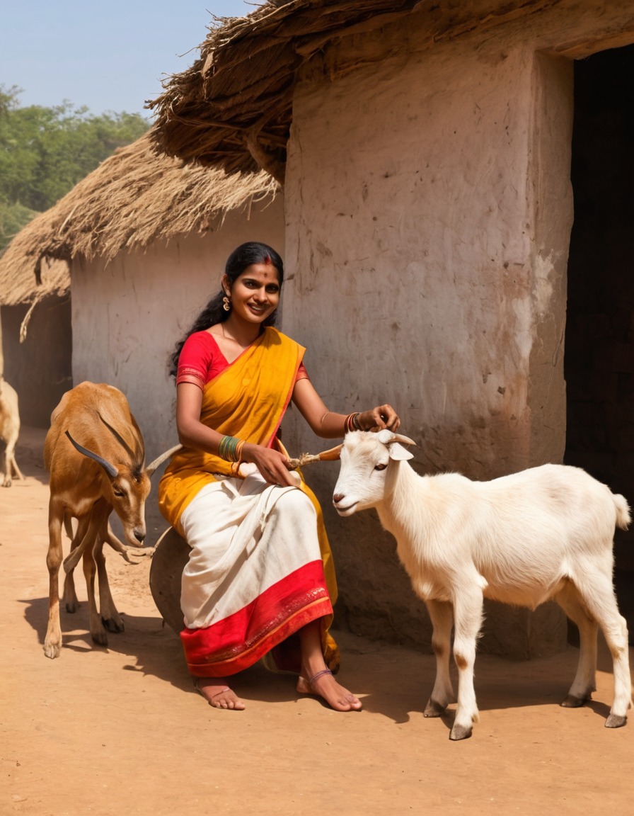 ancient india, rural village, milking, woman, goat, livestock, daily life