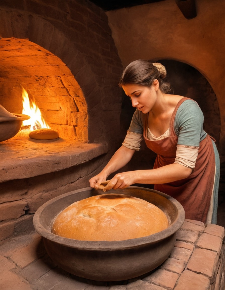 ancient rome, woman, baking, bread, clay oven, food history, 150 ad