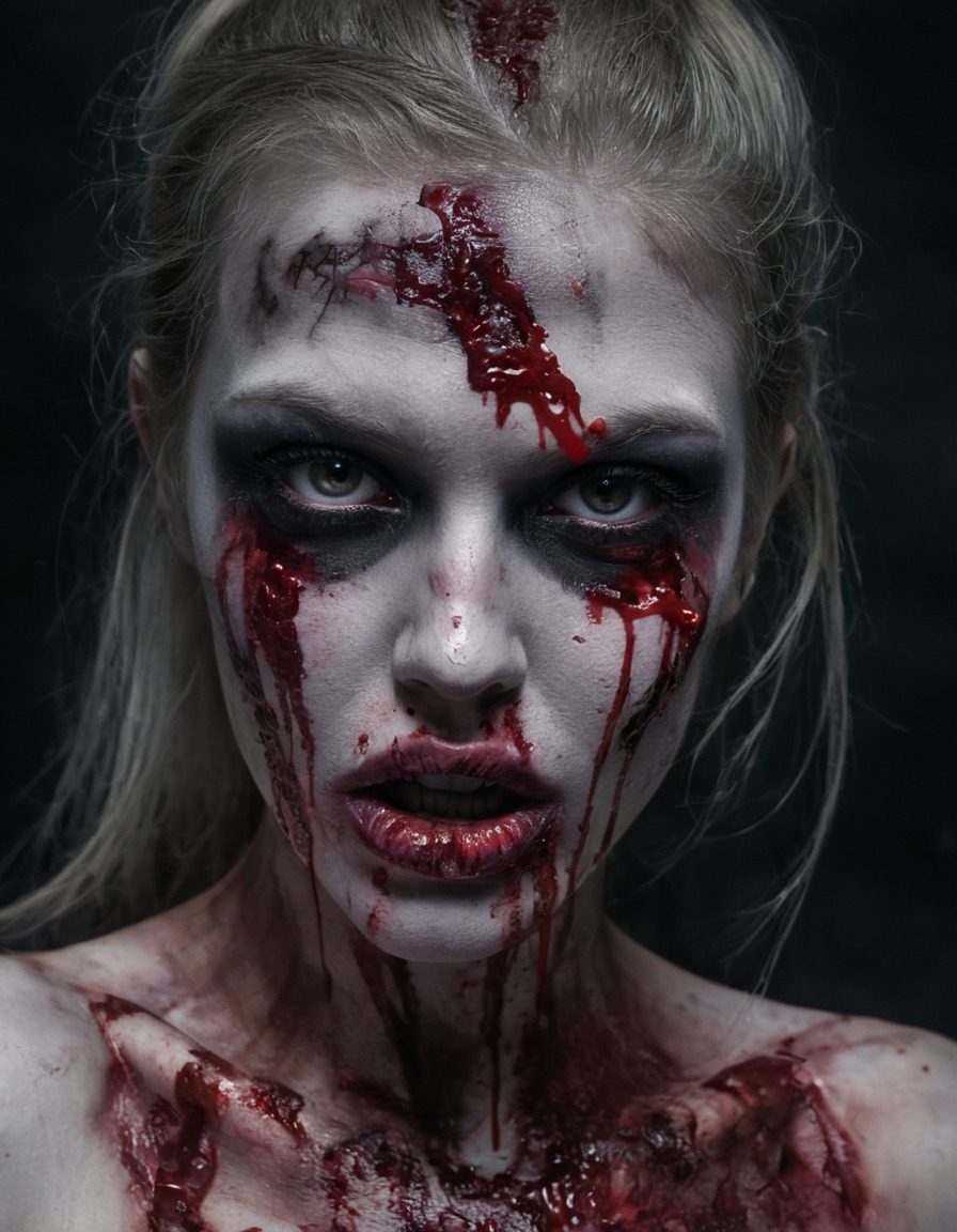 zombie, seductive, blood-stained lips, captivating gaze, horror, halloween, nsfw