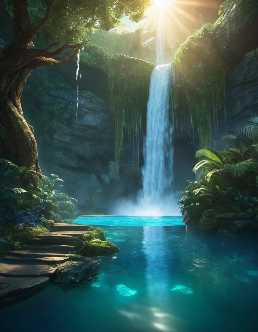 waterfall, glowing water, enchanted, fantasy, magical, nature, scenery