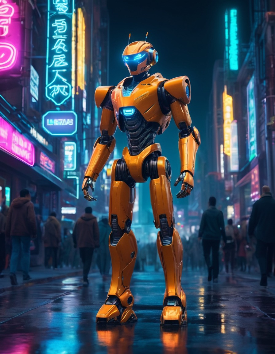 futuristic, robot, city, night, neon lights, technology, robots